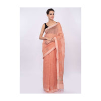 Pale orange linen saree with self moti embroidery and butti only on Kalki