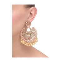 Pale Peach Crystal Studded Crescent Shaped Earrings With Crystals And Pearls Online - Kalki Fashion