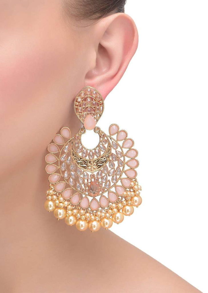 Pale Peach Crystal Studded Crescent Shaped Earrings With Crystals And Pearls Online - Kalki Fashion