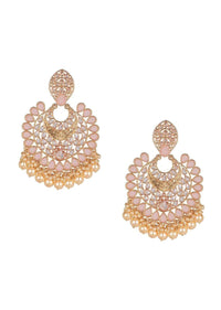 Pale Peach Crystal Studded Crescent Shaped Earrings With Crystals And Pearls Online - Kalki Fashion