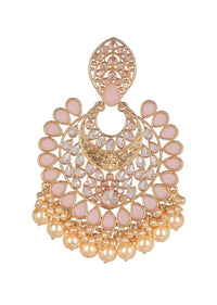 Pale Peach Crystal Studded Crescent Shaped Earrings With Crystals And Pearls Online - Kalki Fashion