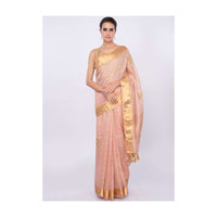 Pale peach linen saree with cut dana and zari butti only on Kalki