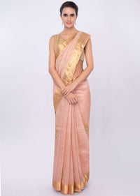 Pale peach linen saree with cut dana and zari butti only on Kalki