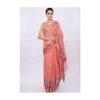 Pale peach linen saree with faded pink line  only on Kalki