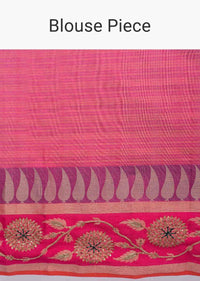 Pale peach linen saree with faded pink line  only on Kalki