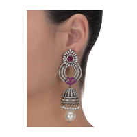 Purple Crystal Jhumkas With Pearls, Stones And Bugle Beads On Grey Metal Online - Kalki Fashion