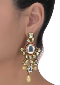 Green And Red Mina Work Danglers With Kundan And Pearl In Round And Tear Drop Shape Online - Kalki Fashion