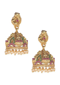 Gold Plated Carved Temple Jhumkas With Green And Purple Stones And Pearls Online - Kalki Fashion