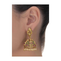 Gold Plated Carved Temple Jhumkas With Green And Purple Stones And Pearls Online - Kalki Fashion