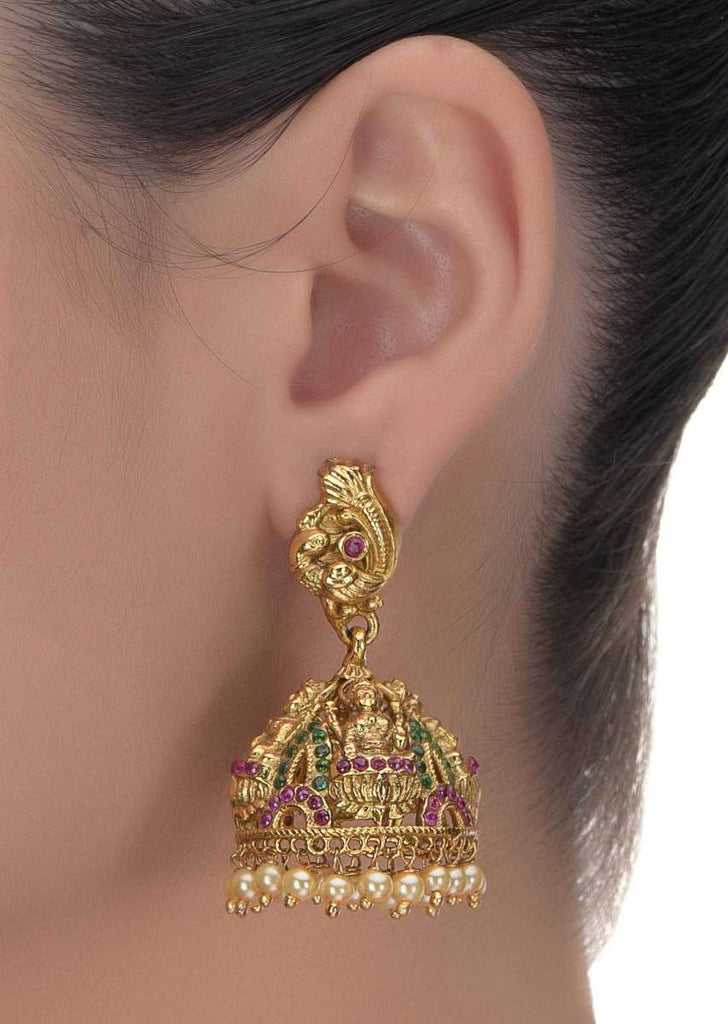 Gold Plated Carved Temple Jhumkas With Green And Purple Stones And Pearls Online - Kalki Fashion