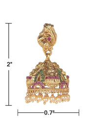 Gold Plated Carved Temple Jhumkas With Green And Purple Stones And Pearls Online - Kalki Fashion