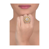 Ethnic Gold Plated Ring In Floral Pattern Adorned With Crystals Online - Kalki Fashion