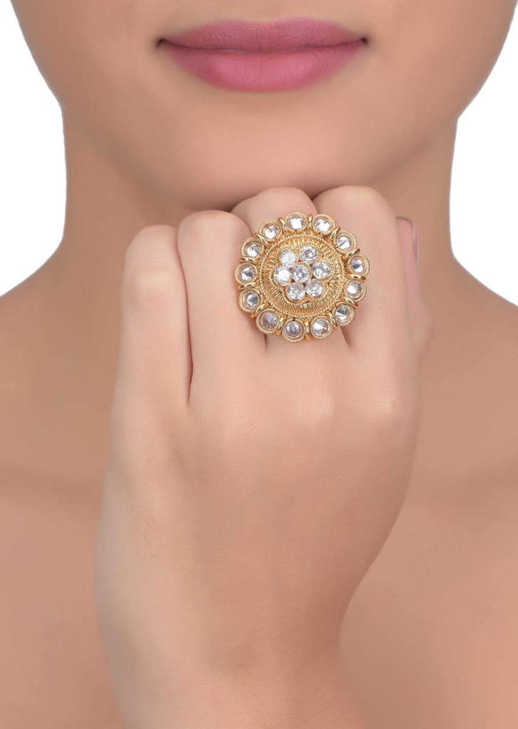 Ethnic Gold Plated Ring In Floral Pattern Adorned With Crystals Online - Kalki Fashion
