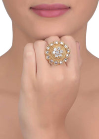 Ethnic Gold Plated Ring In Floral Pattern Adorned With Crystals Online - Kalki Fashion
