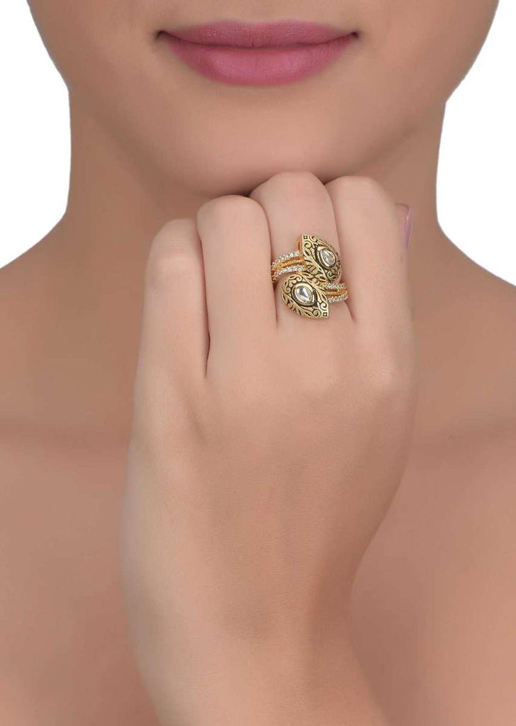 Tear Drop Shaped Carved Ring Adorned With Kundan And Stones Online - Kalki Fashion