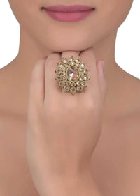 Pale Wheat Crystal Embellished Gold Plated Ring In Floral Design Online - Kalki Fashion