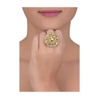 Gold Plated Ring With Kundan And Crystals In Floral Pattern Online - Kalki Fashion