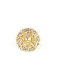 Gold Plated Ring With Kundan And Crystals In Floral Pattern Online - Kalki Fashion