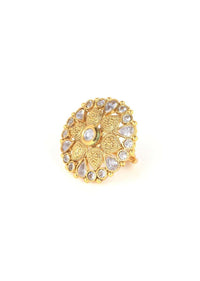 Gold Plated Ring With Kundan And Crystals In Floral Pattern Online - Kalki Fashion