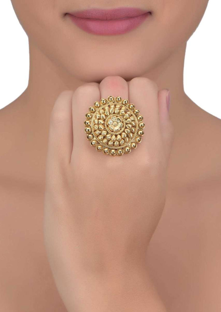 Gold Plated Round Carved Ring In Floral Pattern Online - Kalki Fashion