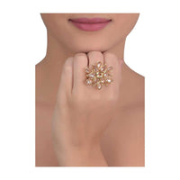 Gold plated floral pattern ring with tear drop and round pale wheat crystals only on Kalki