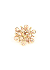 Gold plated floral pattern ring with tear drop and round pale wheat crystals only on Kalki