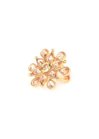 Gold plated floral pattern ring with tear drop and round pale wheat crystals only on Kalki