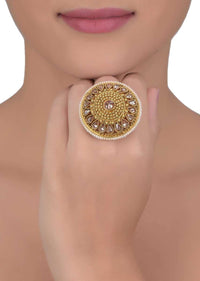 Round Floral Patterned Gold Plated Ring With Silk Colored Crystals And Beads Online - Kalki Fashion