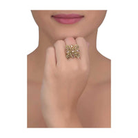 Square shaped floral gold plated ring with pale wheat crystals only on Kalki