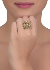 Square shaped floral gold plated ring with pale wheat crystals only on Kalki