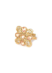 Square shaped floral gold plated ring with pale wheat crystals only on Kalki