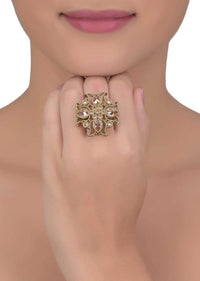 Floral Shaped Gold Plated Ring With Pale Wheat Crystals Online - Kalki Fashion