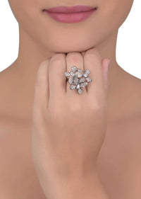 Gunmetal Grey Stone And Crystal Studded Ring In Butterfly Pattern Online - Kalki Fashion