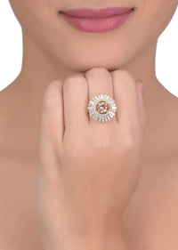 Silk colored crystal, stones and bugle beads studded gold plated ring only on Kalki