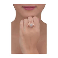 Geometric Carved Rose Gold Plated Ring With Stone Studded Round Center Online - Kalki Fashion