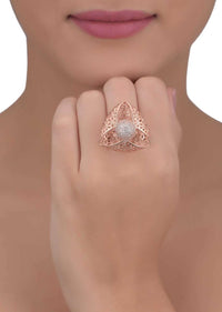 Geometric Carved Rose Gold Plated Ring With Stone Studded Round Center Online - Kalki Fashion