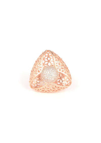 Geometric Carved Rose Gold Plated Ring With Stone Studded Round Center Online - Kalki Fashion