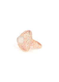 Geometric Carved Rose Gold Plated Ring With Stone Studded Round Center Online - Kalki Fashion