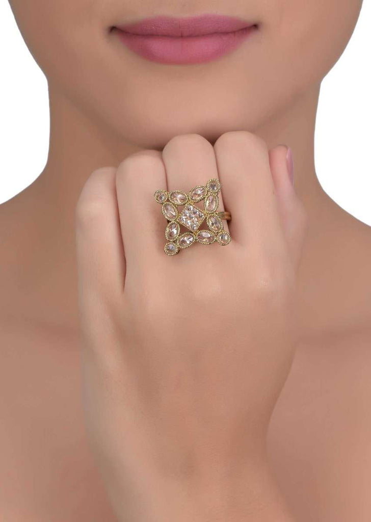 Rose Gold Floral Patterned Ring Embellished With Crystals And Stones Online - Kalki Fashion