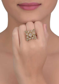 Rose Gold Floral Patterned Ring Embellished With Crystals And Stones Online - Kalki Fashion