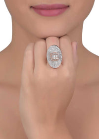 Oval Rose Gold Plated Ring With Stones And Bugle Beads In Cube Shape In The Center Online - Kalki Fashion