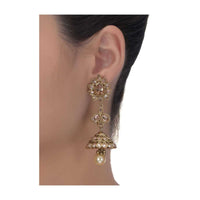 Pale Wheat Crystal Gold Plated Jhumkas With Dangling Pearl Online - Kalki Fashion