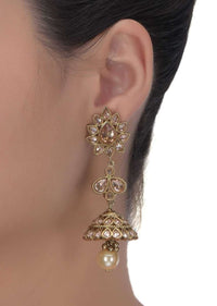 Pale Wheat Crystal Gold Plated Jhumkas With Dangling Pearl Online - Kalki Fashion