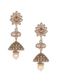 Pale Wheat Crystal Gold Plated Jhumkas With Dangling Pearl Online - Kalki Fashion