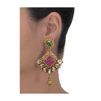 Green And Magenta Crystal Danglers With Kundan And Metal Beads Online - Kalki Fashion