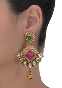 Green And Magenta Crystal Danglers With Kundan And Metal Beads Online - Kalki Fashion