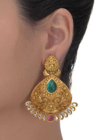 Green And Pink Crystal Carved Gold Plated Earrings With Kundan Only On Kalki Online - Kalki Fashion