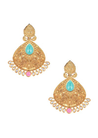 Green And Pink Crystal Carved Gold Plated Earrings With Kundan Only On Kalki Online - Kalki Fashion