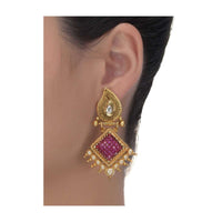 Magenta Square Crystal Gold Plated Earrings With Kundan And Pearls Online - Kalki Fashion