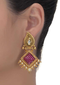 Magenta Square Crystal Gold Plated Earrings With Kundan And Pearls Online - Kalki Fashion